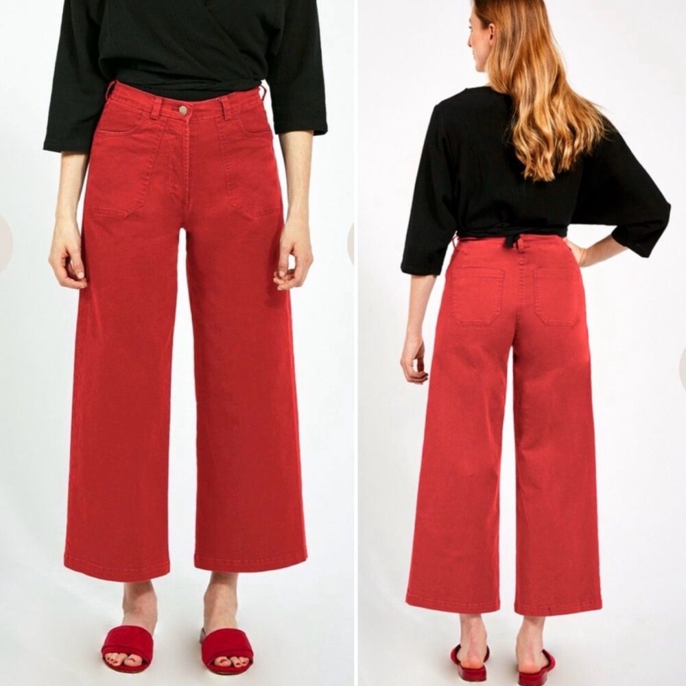 Loup Simone Wide Leg Cropped Red Cotton Blend Button Fly Jean Pants size XS - Picture 2 of 10